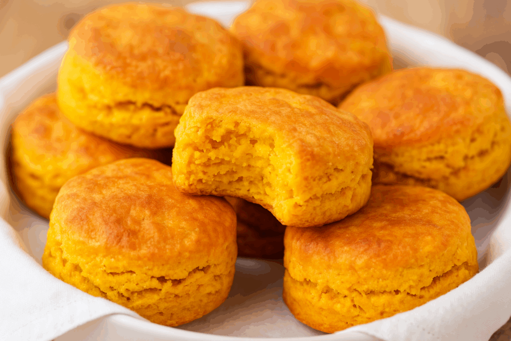  Golden brown sweet potato biscuits in a basket lined with dark fabric.